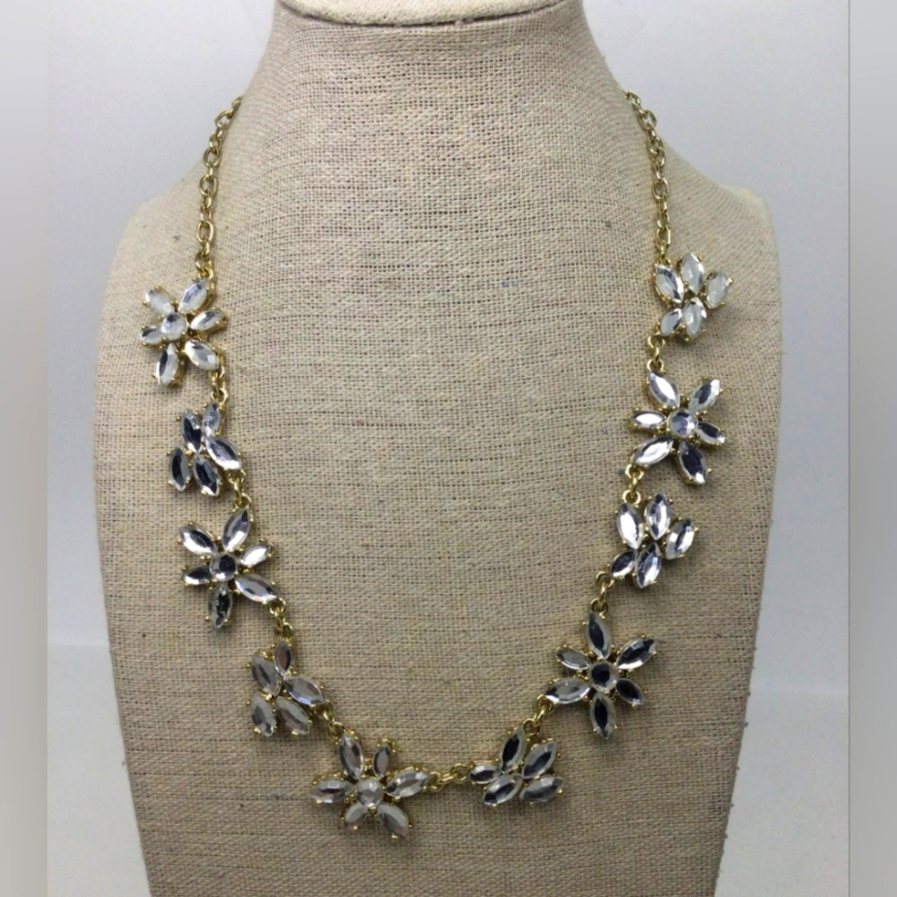 J. Crew Clear Rhinestone Floral Necklace 17" NWOT